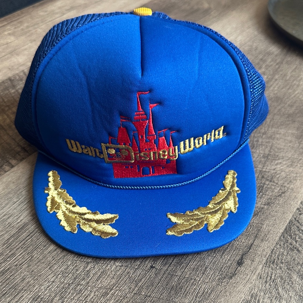 Vintage Blue Walt Disney World Trucker Hat with Gold Embroidery